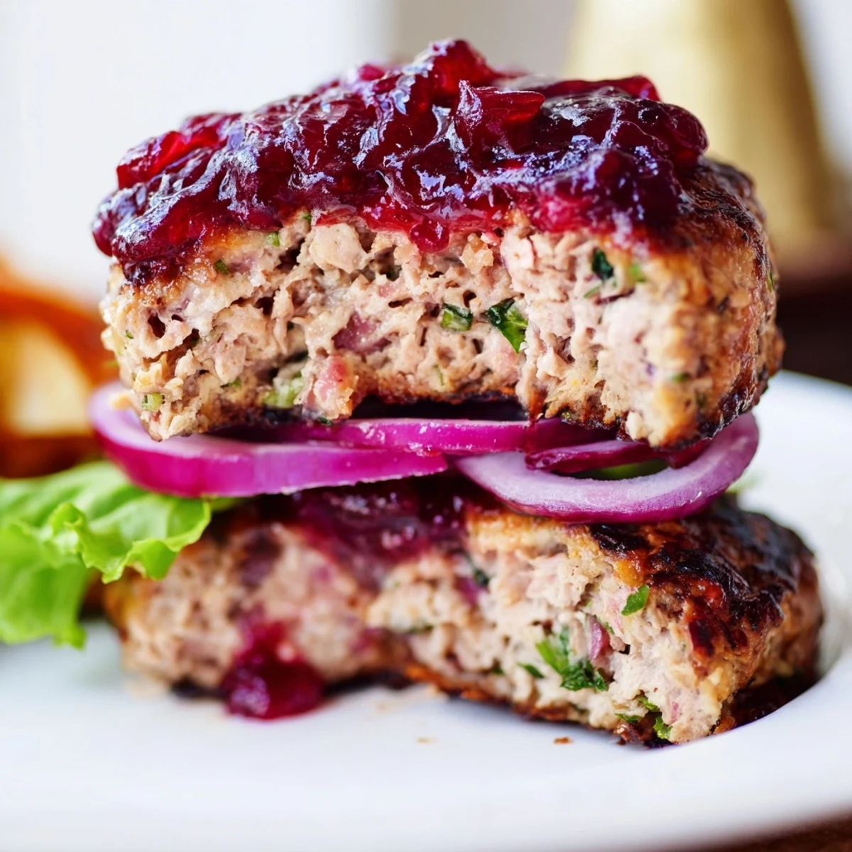 Two grilled Turkey Burgers with Cranberry Sauce on toasted buns, topped with fresh lettuce and sliced red onion.