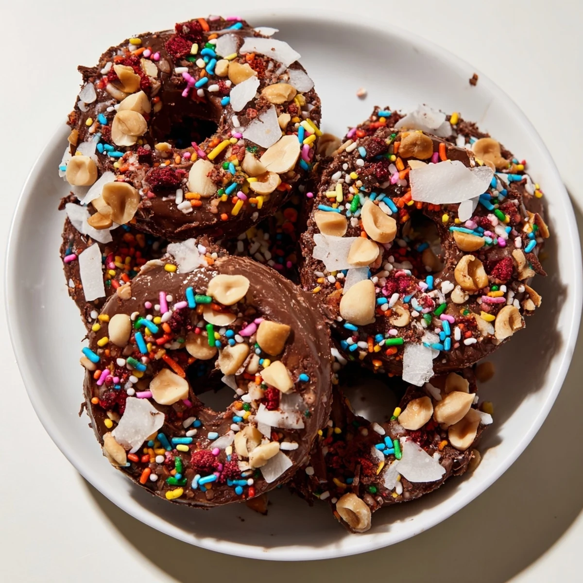 Frozen Chocolate Covered Banana Bites on a tray, sprinkled with chopped nuts and coconut, ready to serve from the freezer.