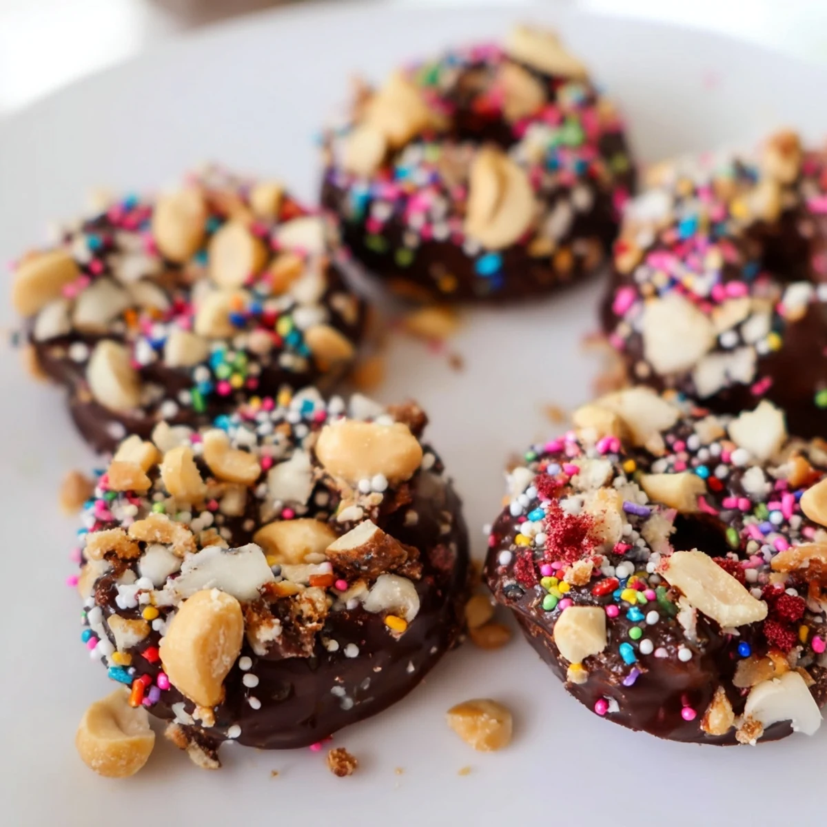 Chocolate Covered Banana Bites garnished with colorful sprinkles and freeze-dried berries, a frozen gluten-free treat perfect for a sweet snack.