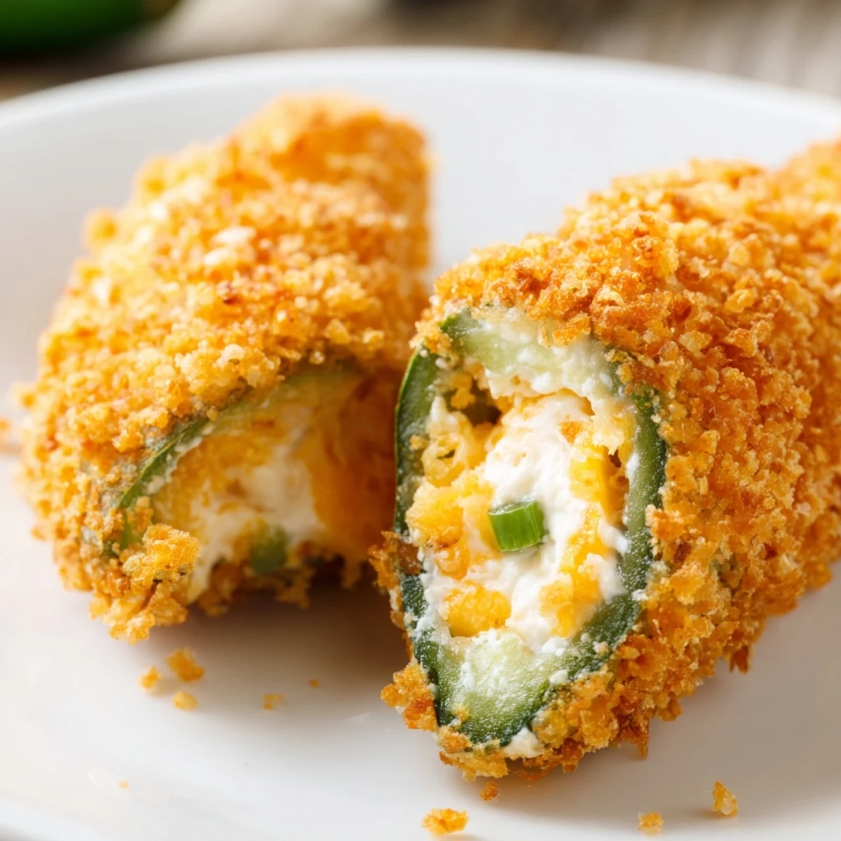 Golden-fried spicy jalapeño poppers filled with melty cream cheese on a rustic wooden board.  