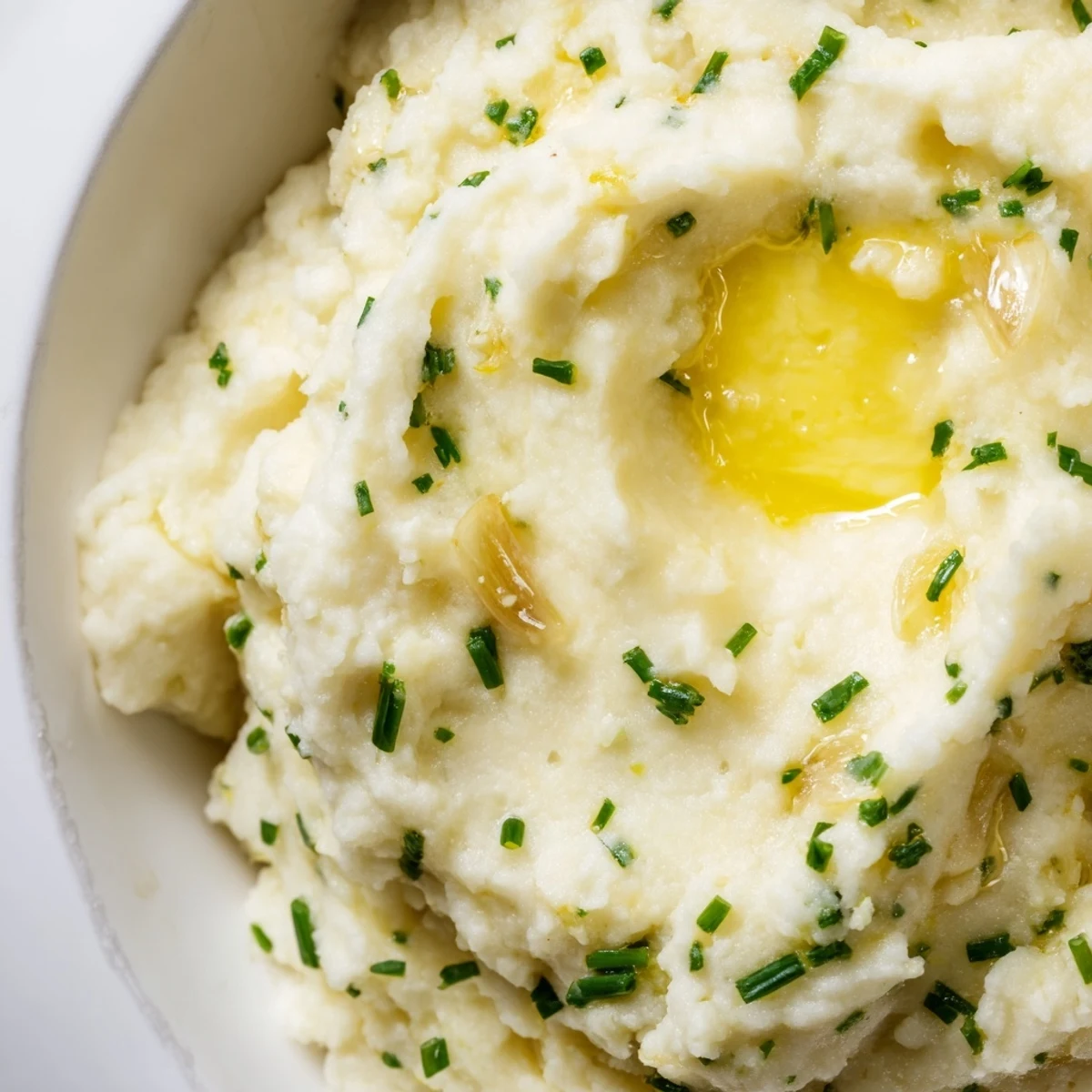 Creamy roasted garlic mashed cauliflower served warm in a rustic white bowl, garnished with fresh chives and a pat of butter for a comforting low-carb side.