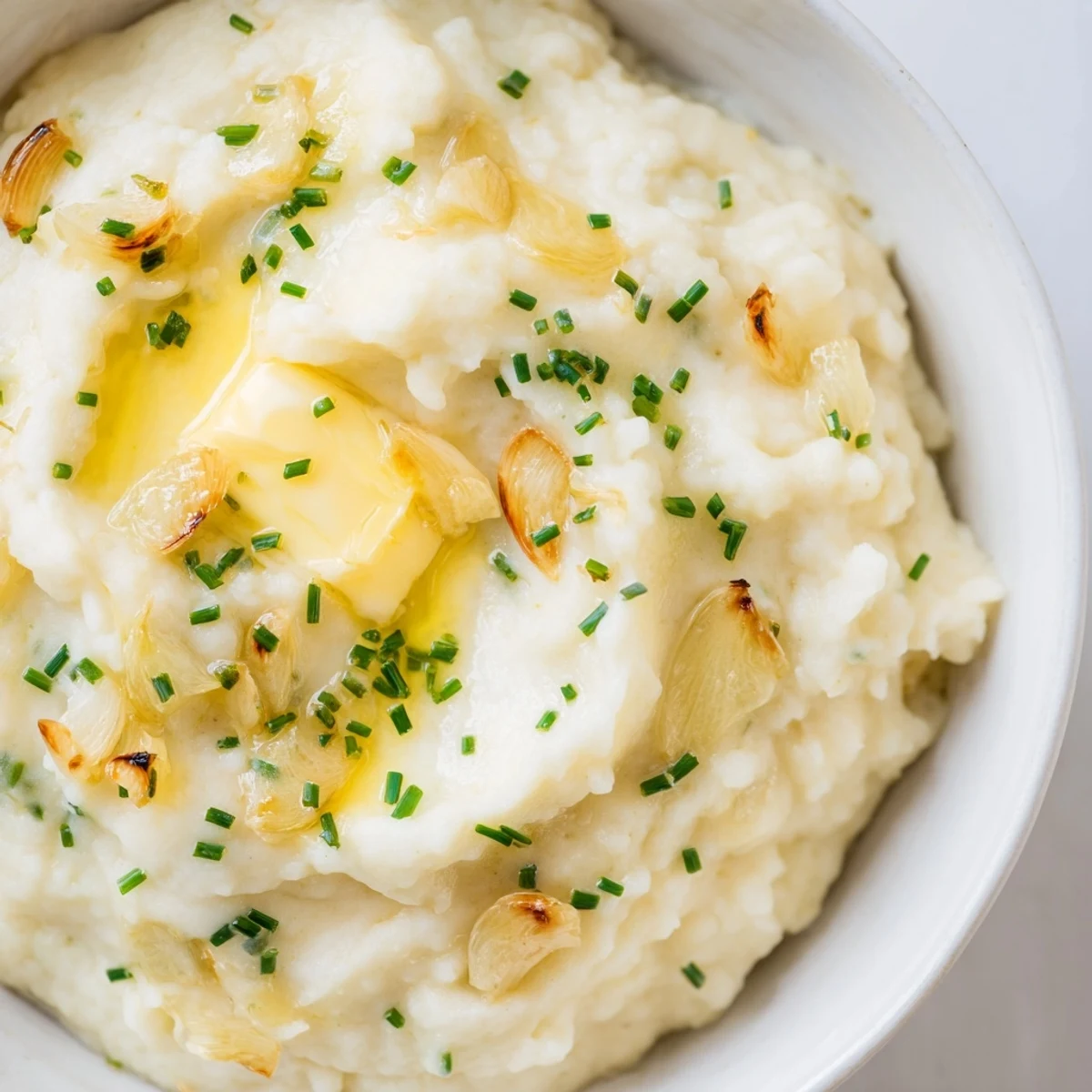 Roasted garlic mashed cauliflower blended smooth in a food processor, revealing a rich texture as steam rises from the golden, velvety puree ready to plate.