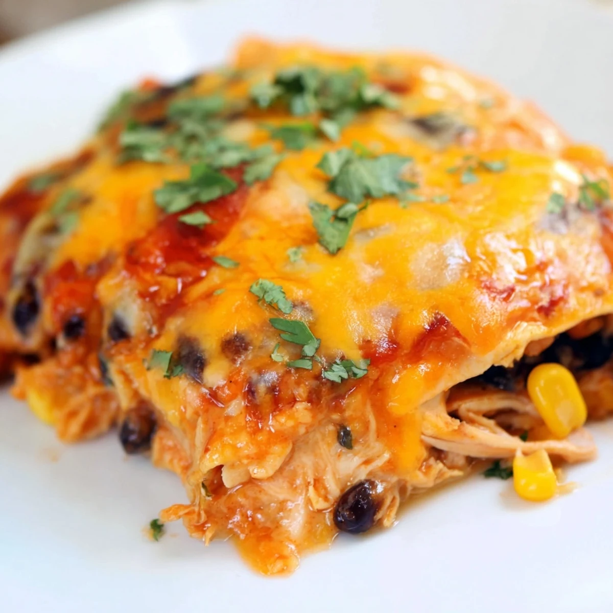Golden melted cheese blankets layers of shredded chicken and red enchilada sauce in a baked Chicken Enchilada Casserole.
