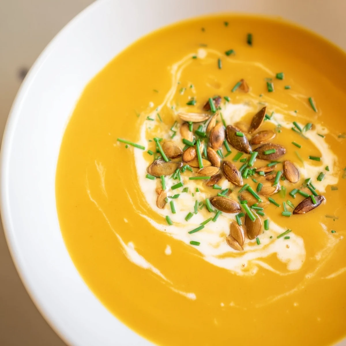 Golden bowls of creamy Winter Squash Soup with Apple, topped with toasted pumpkin seeds and fresh herbs for a cozy meal.