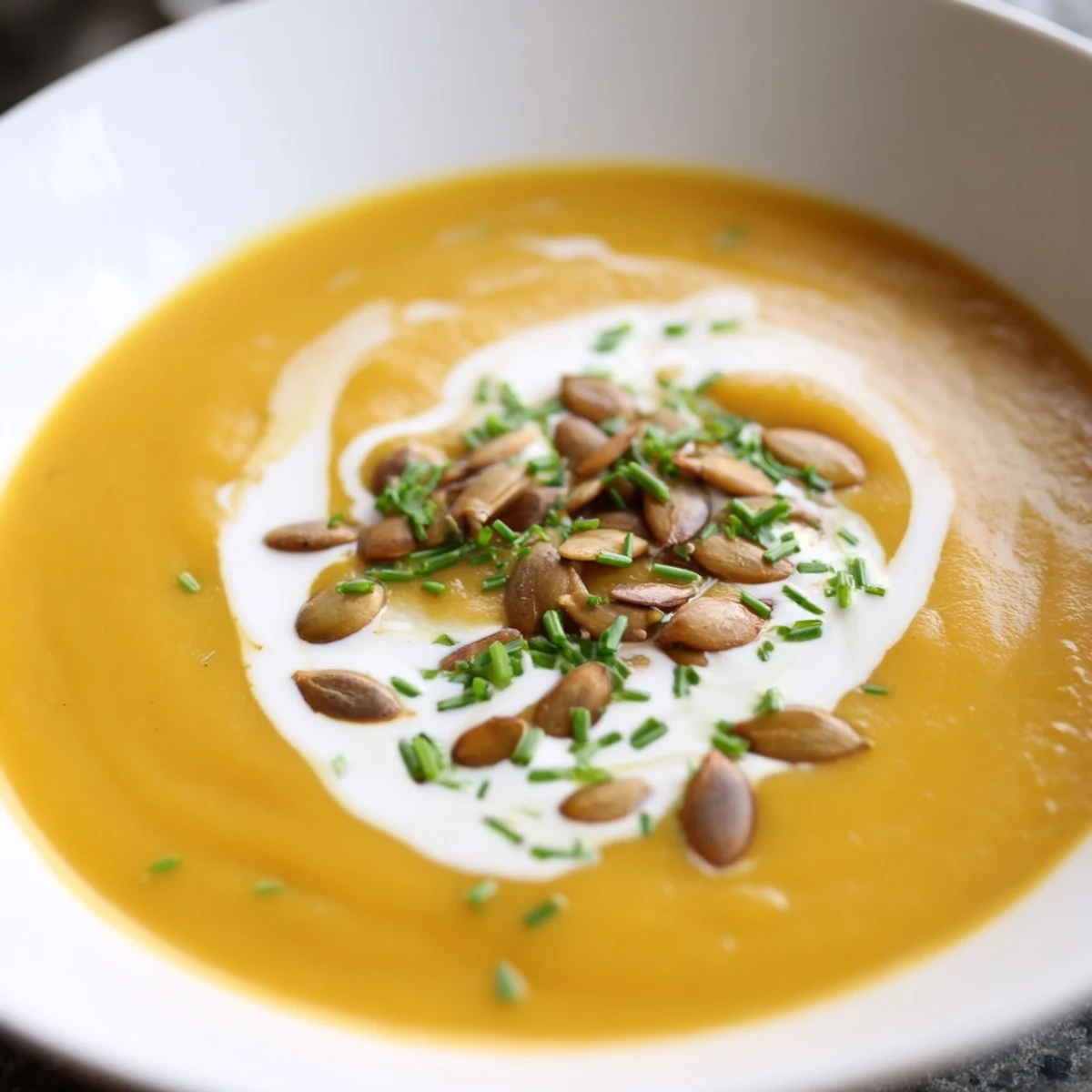 Ready-to-serve Winter Squash Soup with Apple beside crusty bread, perfect for chilly autumn nights and fall gatherings.