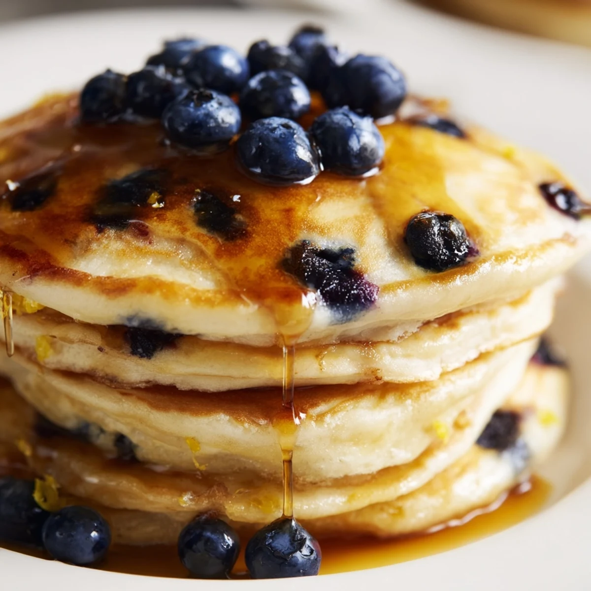 Golden-brown Lemon Blueberry Pancakes with Syrup cook on a griddle, bubbling with lemon zest and fresh blueberries.