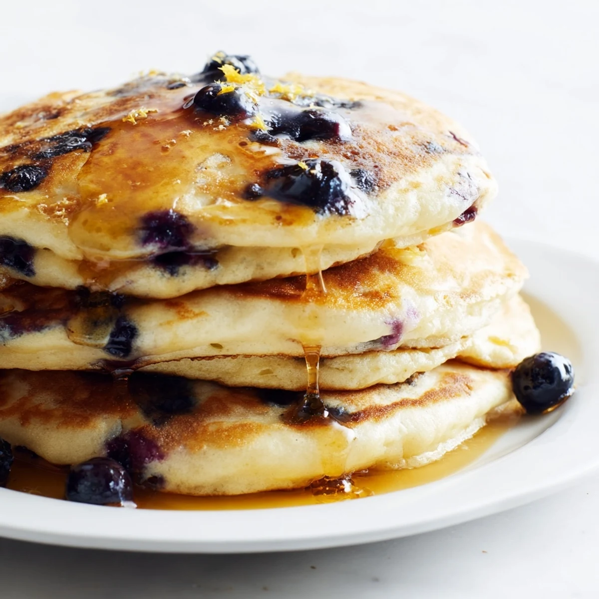 Fluffy Lemon Blueberry Pancakes with Syrup are stacked high on a plate, berries bursting with color alongside a sweet maple drizzle.