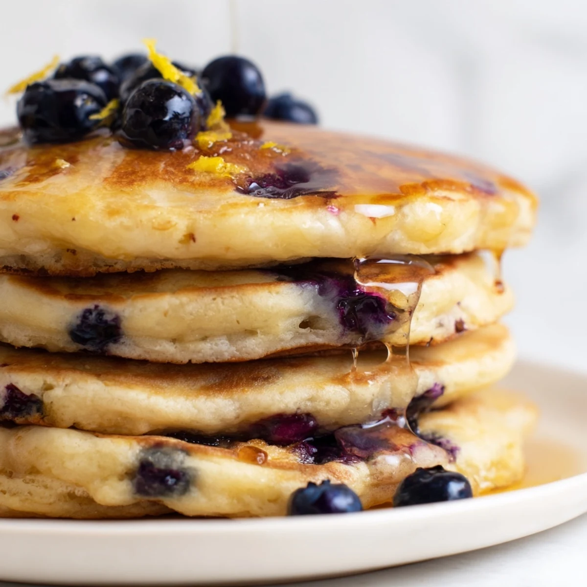 Ready to serve, warm Lemon Blueberry Pancakes with Syrup are garnished with extra berries and a light dusting of powdered sugar.