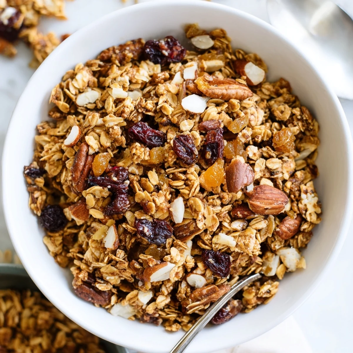 Crunchy Gingerbread Granola clusters are studded with dried apricots and golden raisins, ready to be eaten by the handful or poured into a bowl with cold milk.