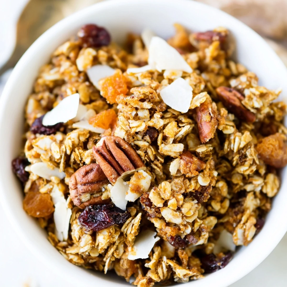 Golden-baked Gingerbread Granola cools on a parchment-lined baking sheet, releasing warm aromas of ginger and cinnamon perfect for a festive holiday breakfast.