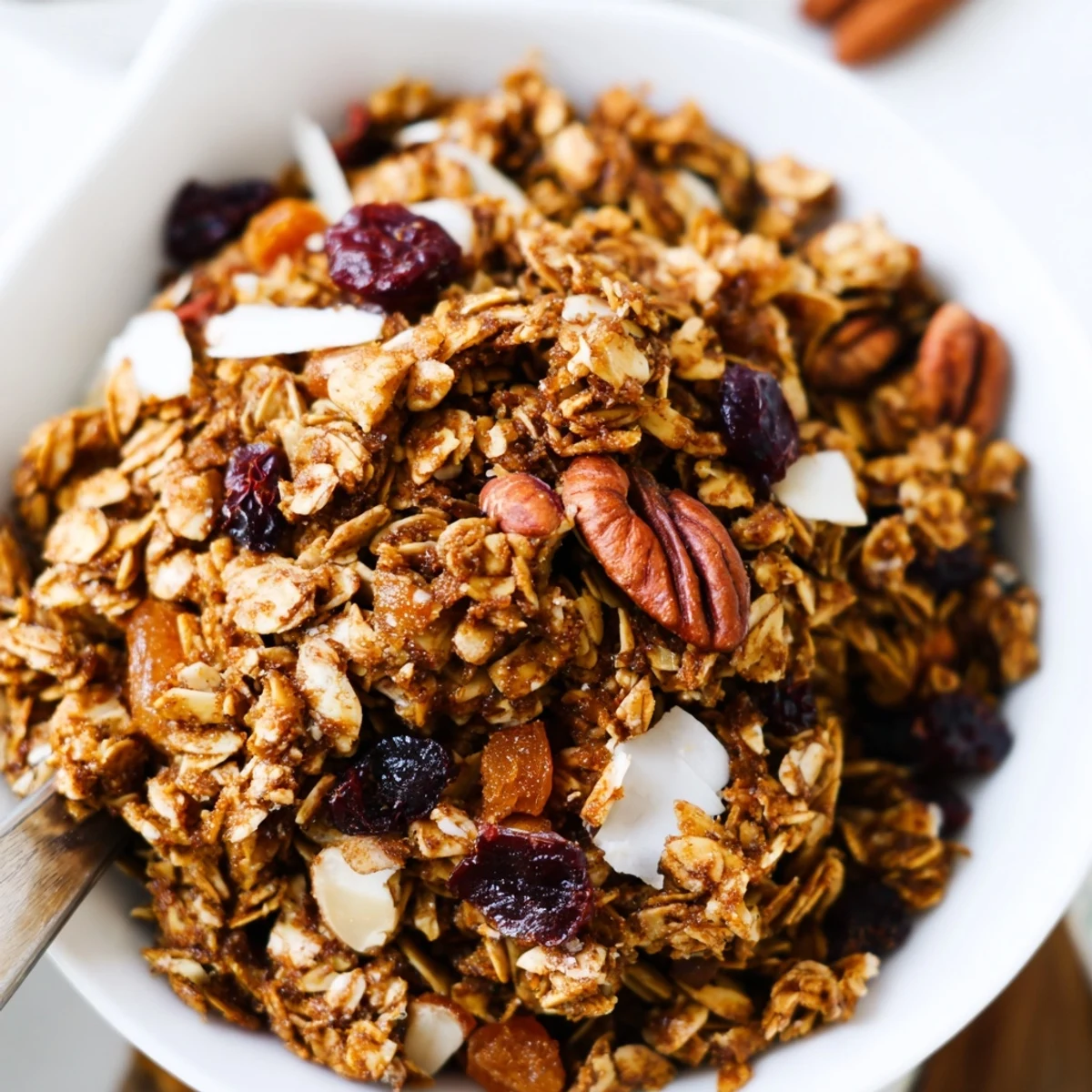 A spoonful of Gingerbread Granola is topped with creamy Greek yogurt and fresh berries, making an easy, protein-packed snack for busy weekday mornings.