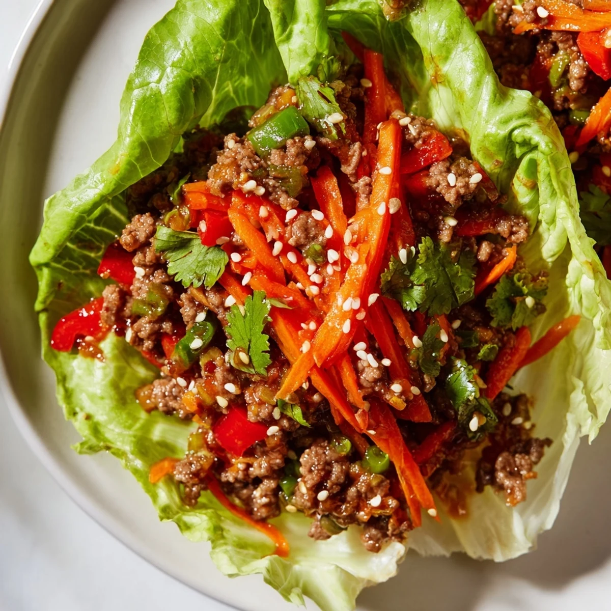 Beef Lettuce Wraps with Hoisin Sauce and Ginger are spooned into crisp butter lettuce cups, topped with fresh carrots and cilantro.