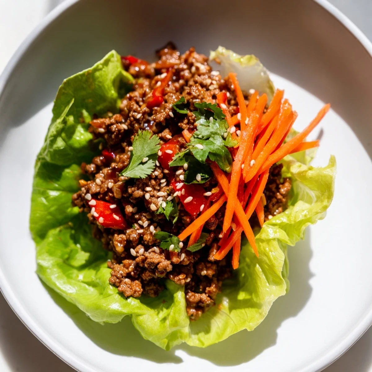 These flavorful Beef Lettuce Wraps with Hoisin Sauce and Ginger are garnished with sesame seeds and green onions for extra crunch.