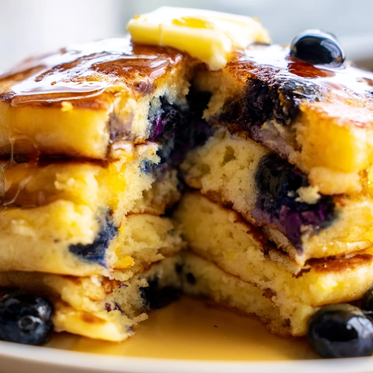 Stack of fluffy Lemon Blueberry Pancakes topped with butter and extra blueberries on a wooden table.