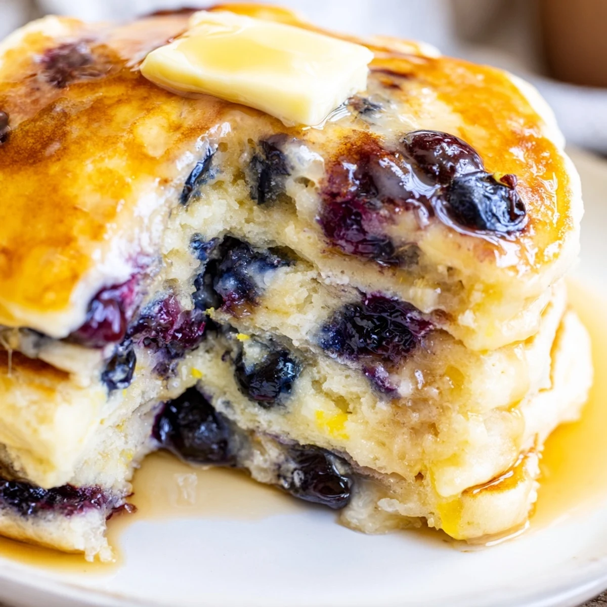 Freshly cooked Lemon Blueberry Pancakes with warm maple syrup drizzle on a plate for a sweet breakfast.