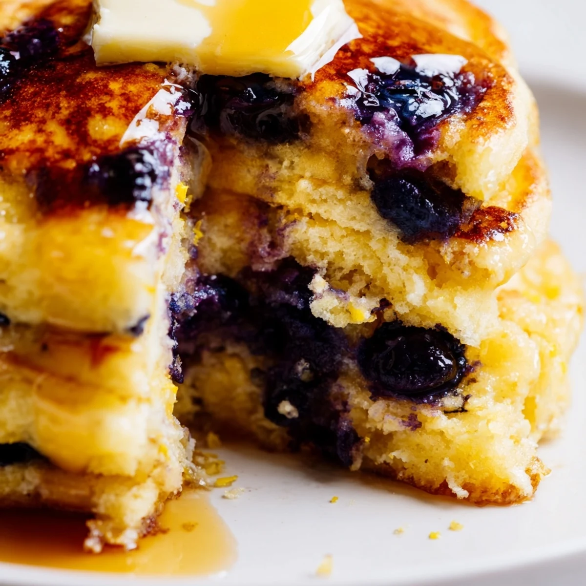 Homemade Lemon Blueberry Pancakes drizzled with warm maple syrup served with coffee for a cozy morning.