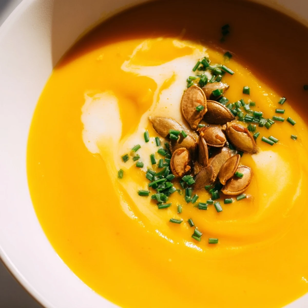 Creamy orange Winter Squash Soup with Apple and Ginger, topped with pumpkin seeds and a swirl of coconut milk.