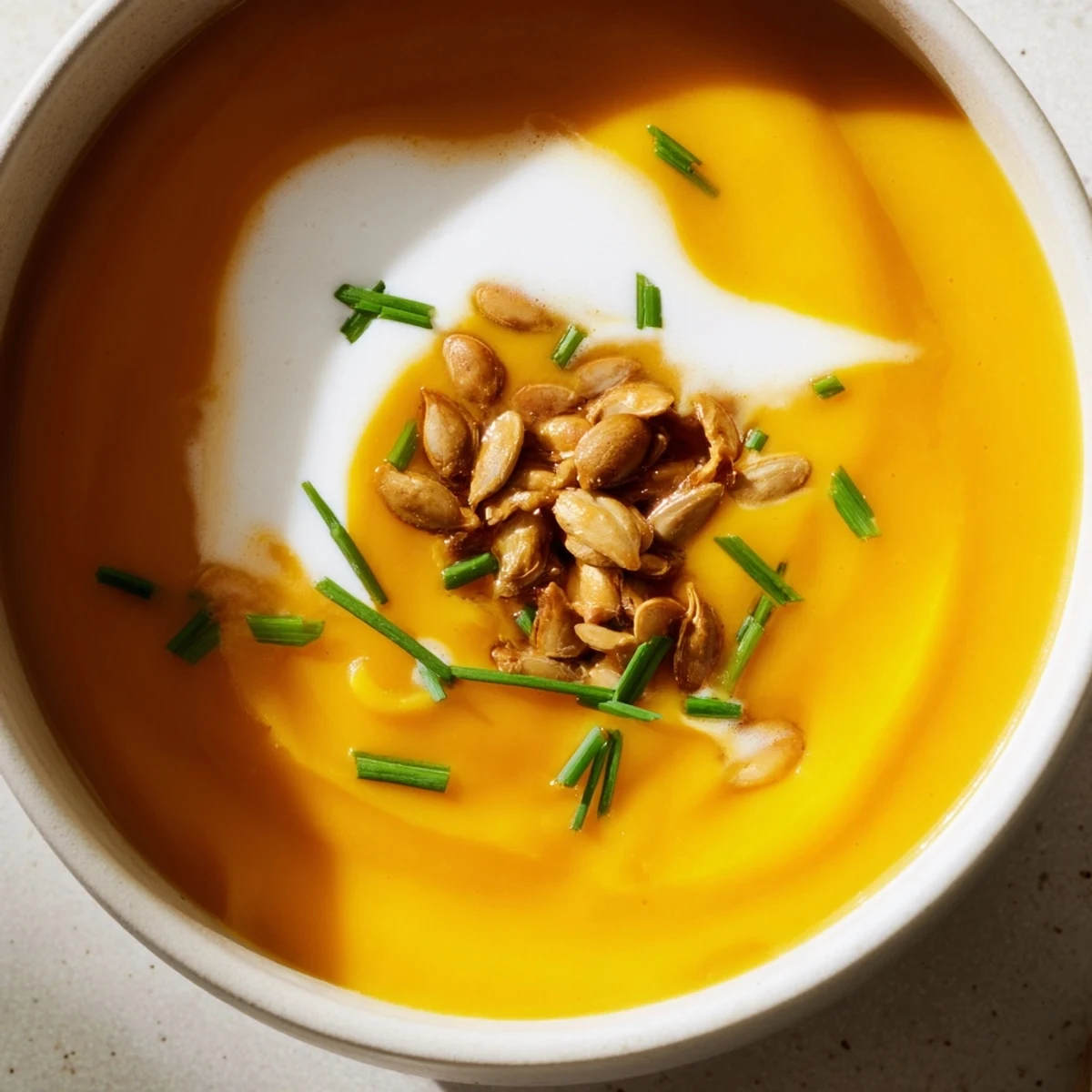 Vibrant bowls of golden Winter Squash Soup with Apple and Ginger, garnished with fresh chives, ready for a cozy dinner.