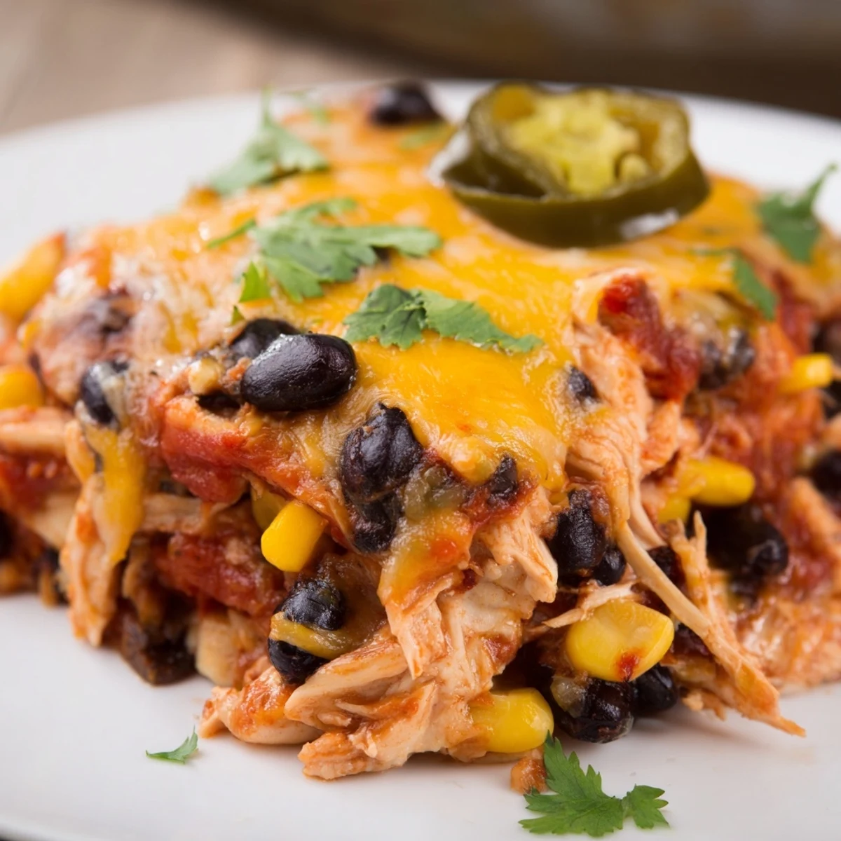 Slices of the hearty Chicken Enchilada Casserole with Cheddar Cheese reveal corn tortillas and saucy chicken filling.