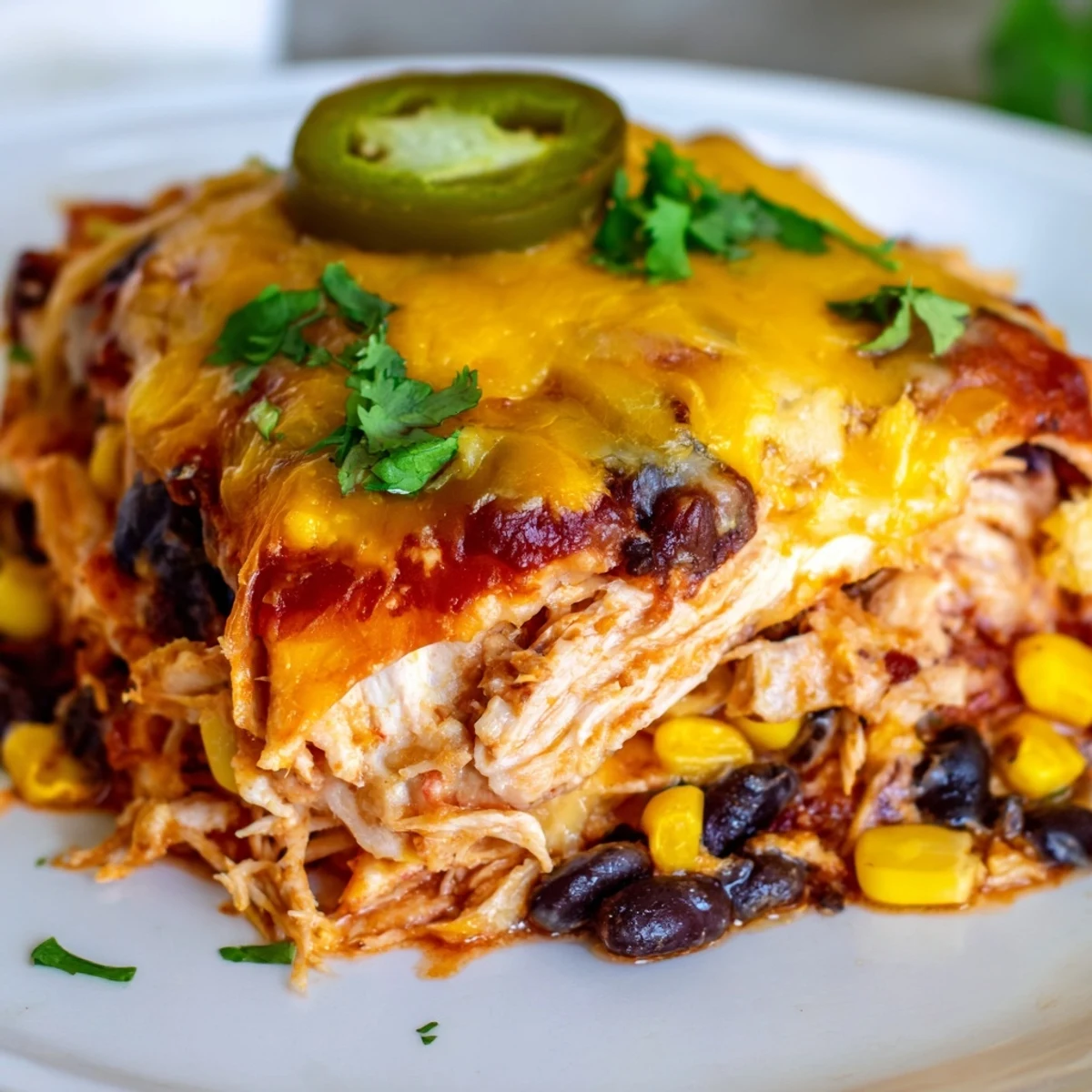 Golden melted cheddar cheese blankets this layered Chicken Enchilada Casserole with Cheddar Cheese, garnished with fresh cilantro.