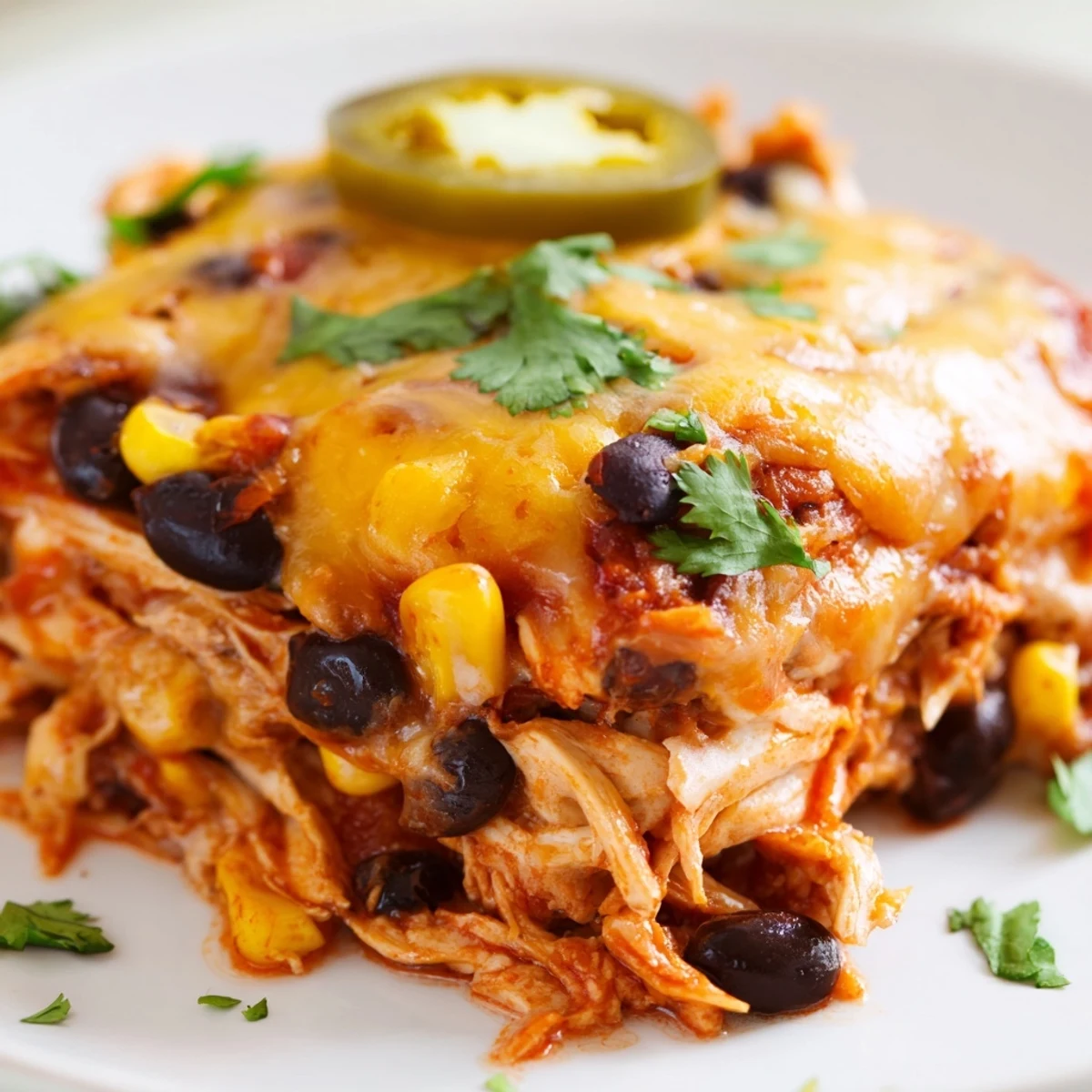 Bubbling, golden-brown Chicken Enchilada Casserole with Cheddar Cheese sits ready to serve, topped with fresh jalapeños.