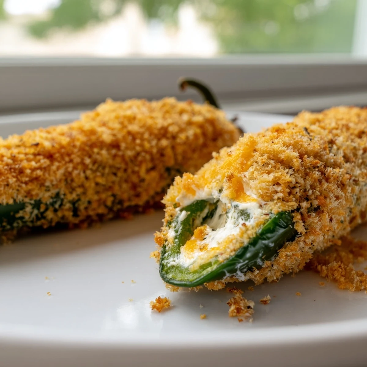 Golden-brown Spicy Jalapeño Poppers with Cream Cheese Filling sit on a rustic wooden platter, garnished with fresh cilantro and a side of cooling ranch dip. 