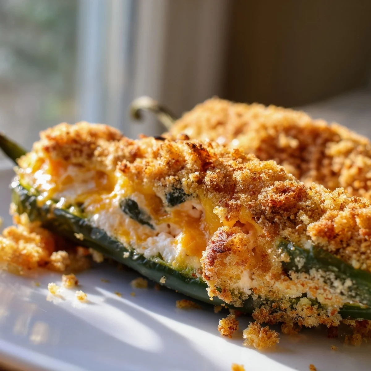 A close-up shot of Spicy Jalapeño Poppers with Cream Cheese Filling highlights the golden breadcrumbs and roasted pepper skin on a slate surface.