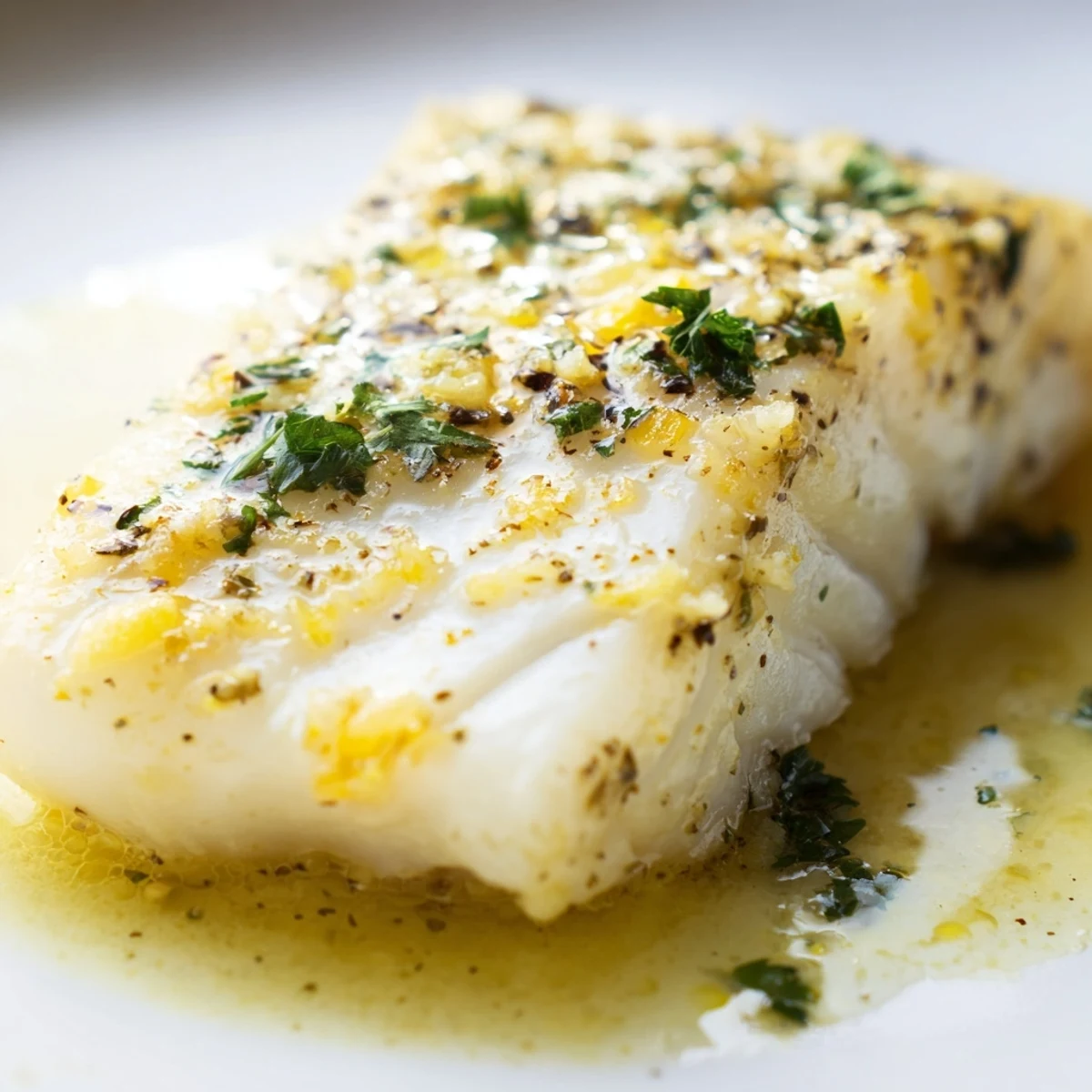 Flaky baked halibut fillets topped with sizzling garlic and lemon butter sauce, garnished with fresh parsley and lemon wedges on a white plate.