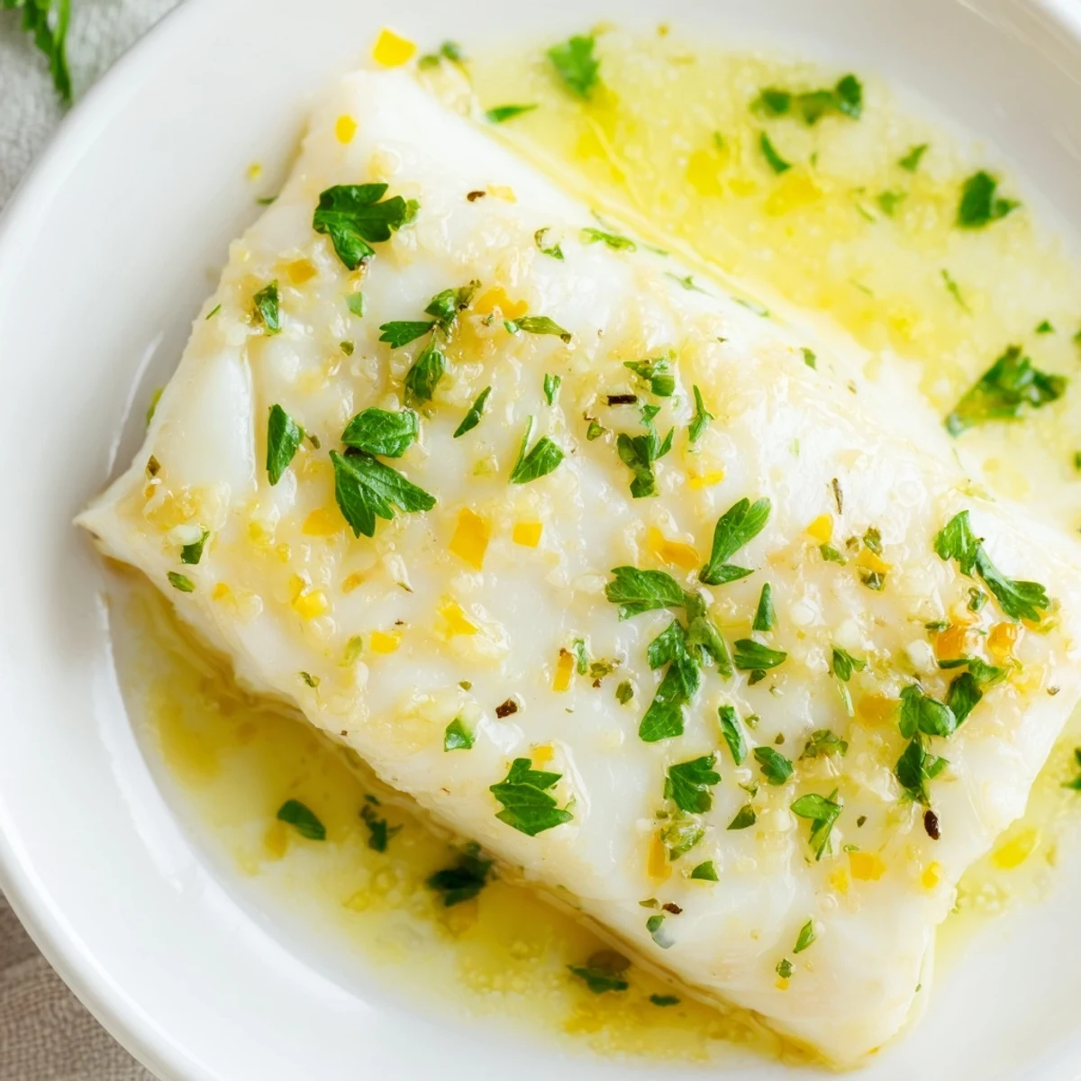 Golden-brown baked halibut with garlic and lemon butter being flaked with a fork, revealing moist, tender white fish ideal for a weeknight meal.