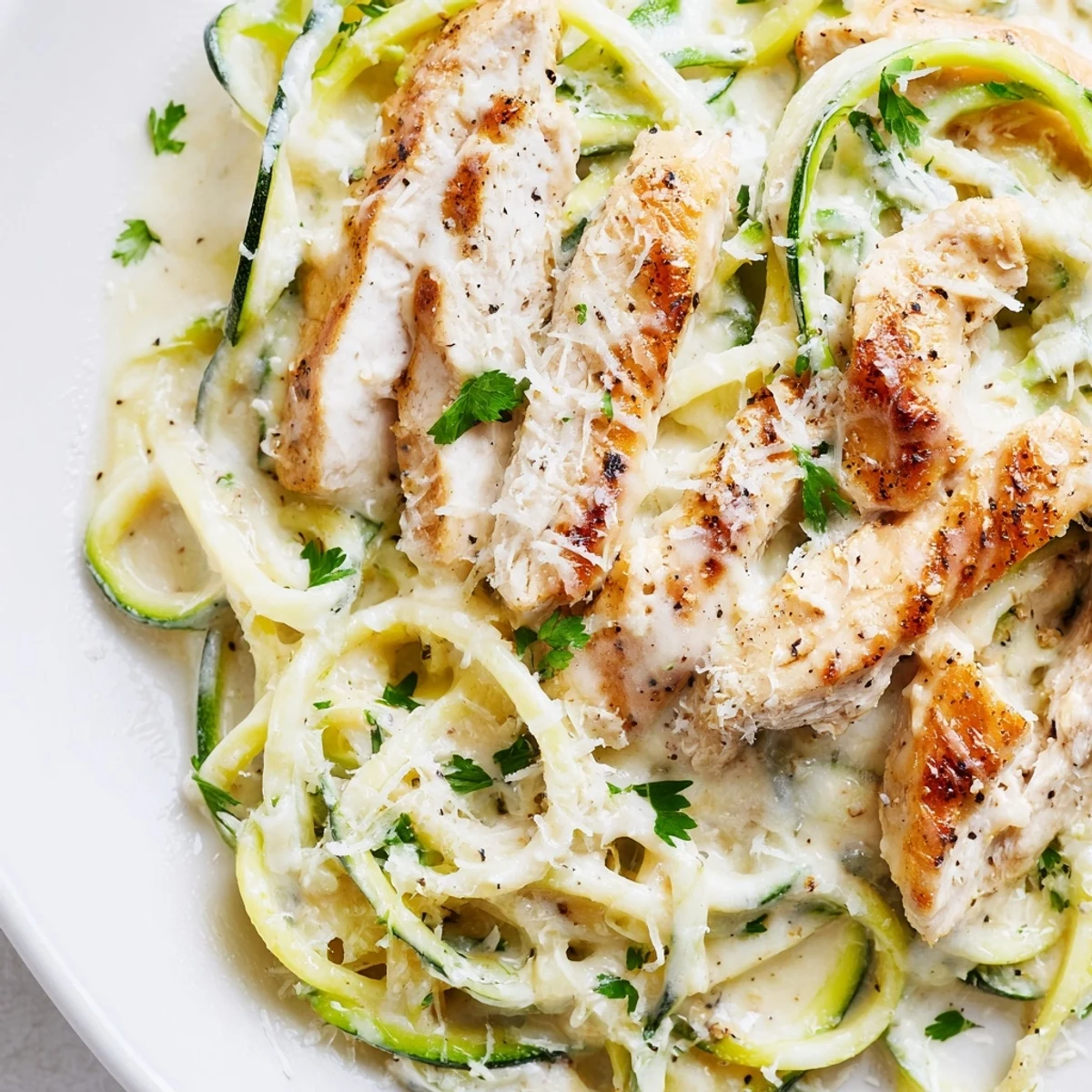 Creamy Chicken Alfredo with Zucchini Noodles and Garlic served hot, garnished with fresh parsley and extra Parmesan cheese.