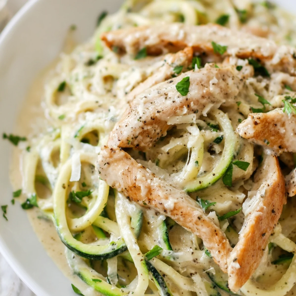 Low-carb Chicken Alfredo with Zucchini Noodles and Garlic plated for dinner, alongside a simple green salad.