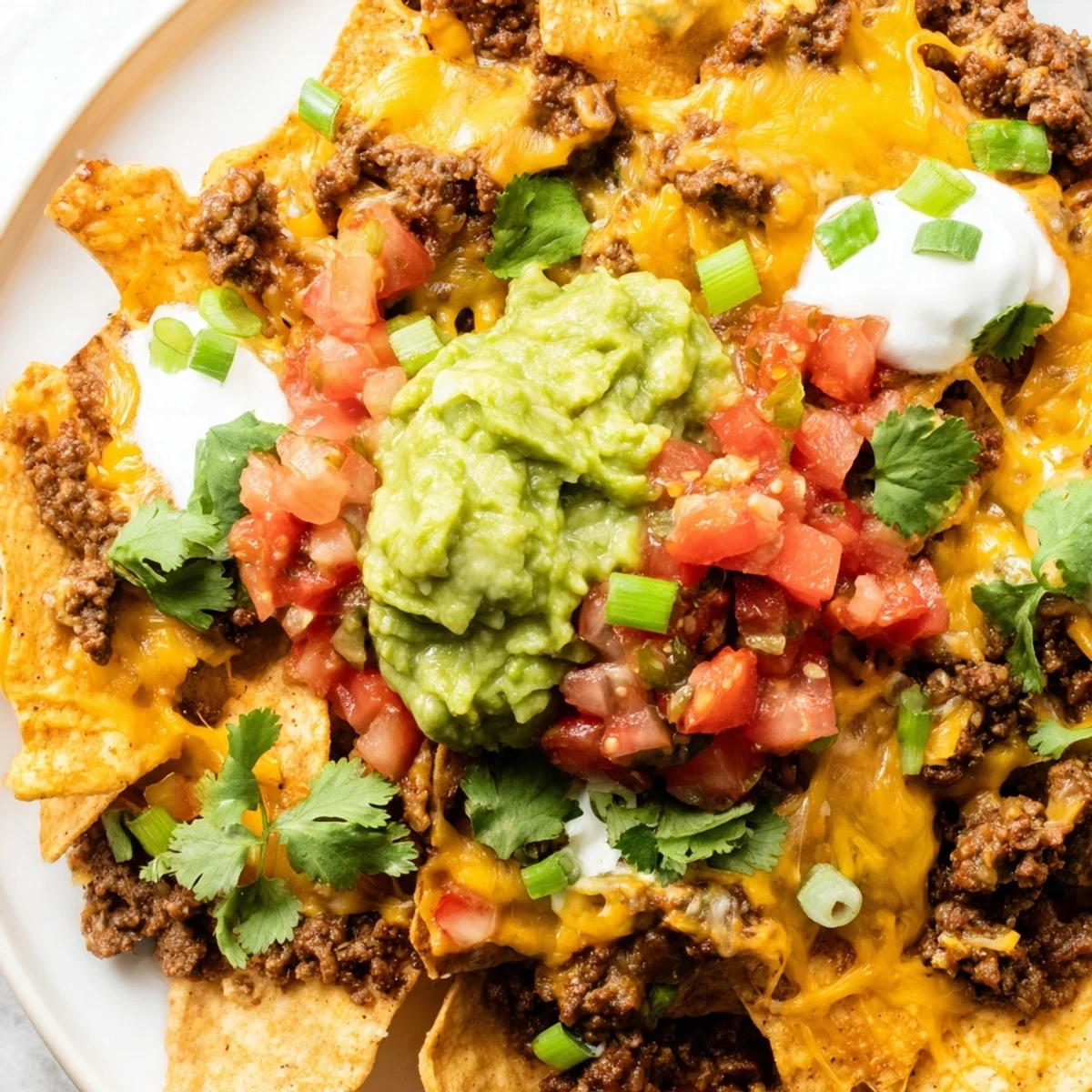 Platter of hearty Beef Nachos with Guacamole and Fresh Salsa, garnished with sour cream and green onions.