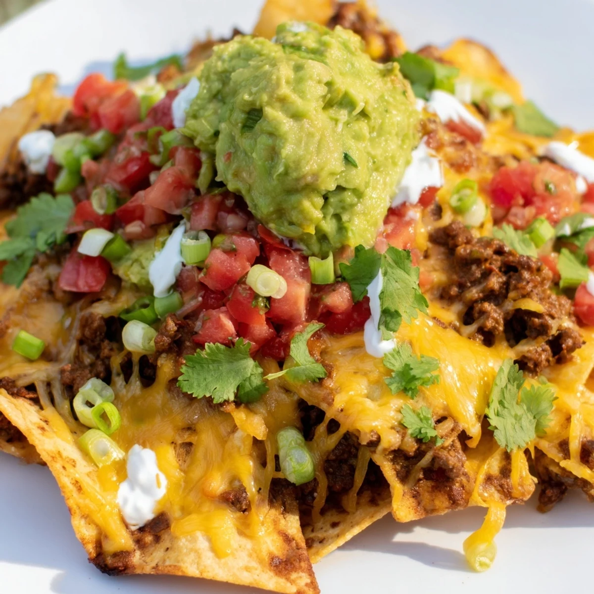 Golden-brown Beef Nachos with Guacamole and Fresh Salsa, loaded with seasoned ground beef and bubbling cheese.