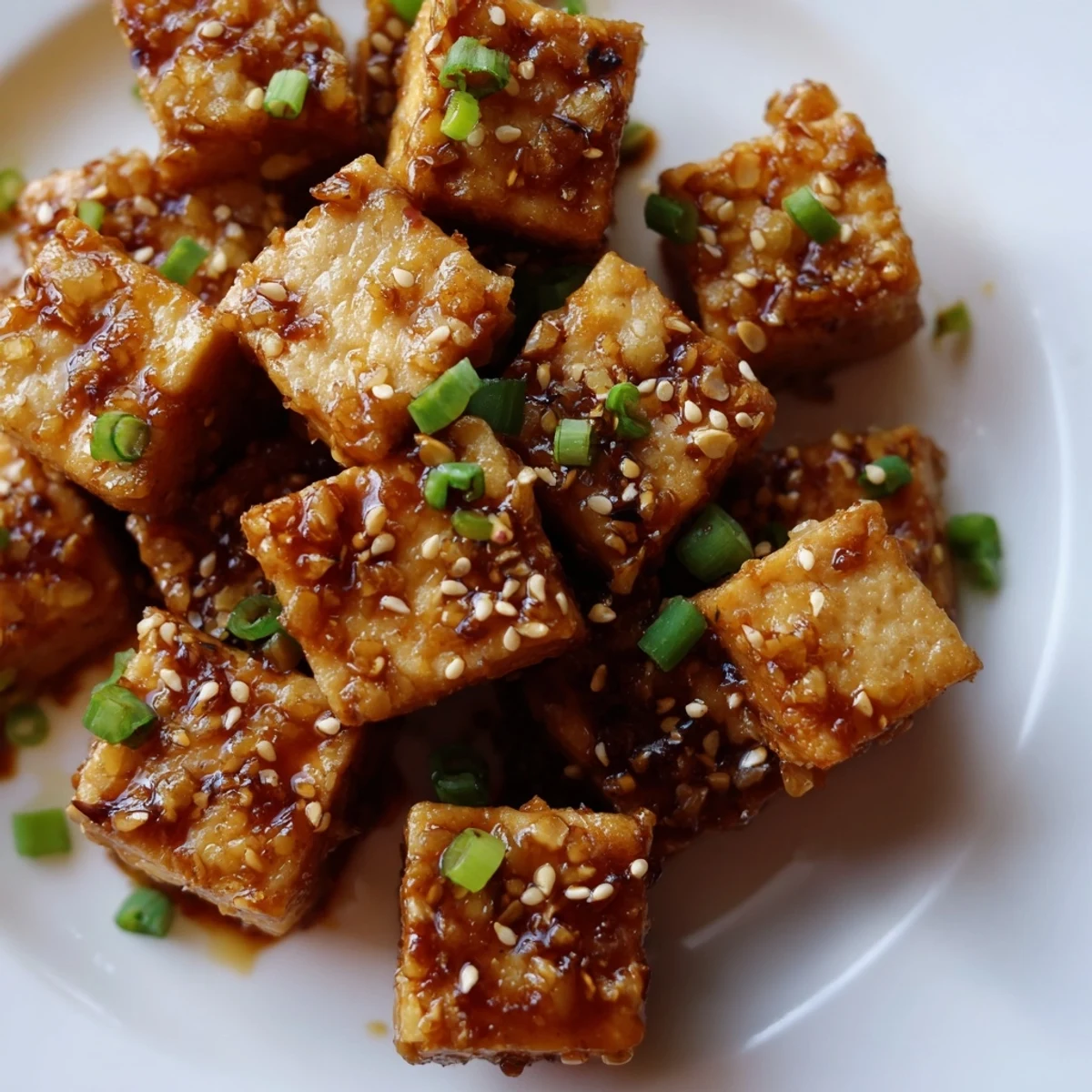 Crispy Air Fryer Tofu with Soy Glaze sits atop fluffy white rice, sprinkled with sesame seeds and fresh green onions.