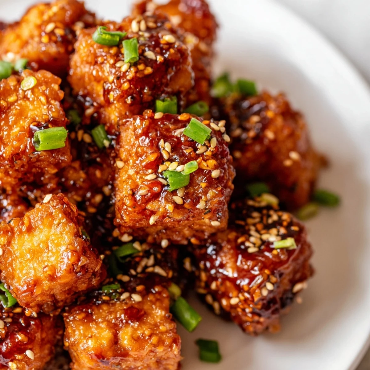 A close-up shows the crunchy texture of Crispy Air Fryer Tofu with Soy Glaze, drizzled with sticky sweet-savory sauce.
