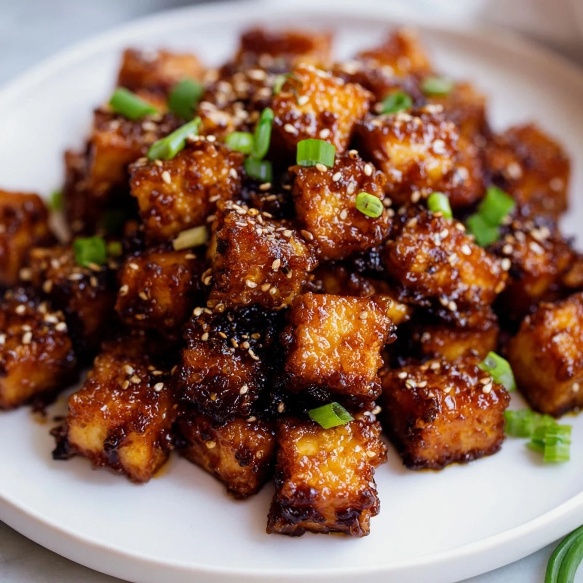 Four golden-brown Crispy Air Fryer Tofu with Soy Glaze pieces glisten under bright kitchen lighting, ready to be eaten with chopsticks.