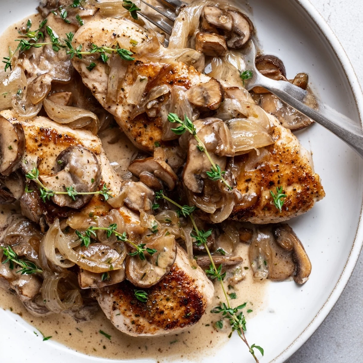 Golden-brown seared chicken breasts simmered in a creamy herb mushroom sauce in a cast iron skillet.