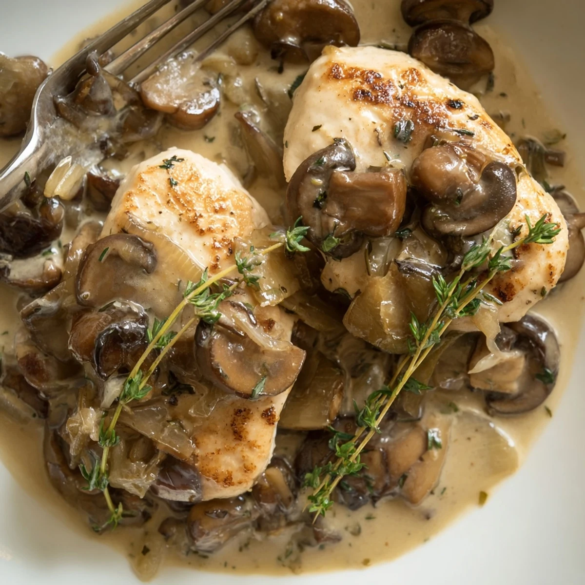 Tender chicken and sautéed mushrooms in a rich, garlic-infused cream sauce topped with fresh parsley.