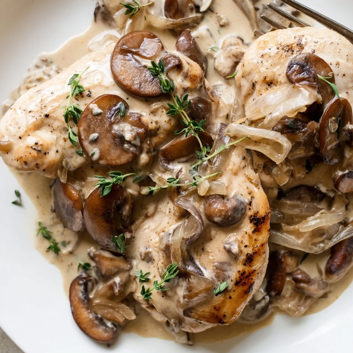 One-pan Creamy Mushroom Chicken Skillet served over mashed potatoes for a cozy weeknight family dinner.