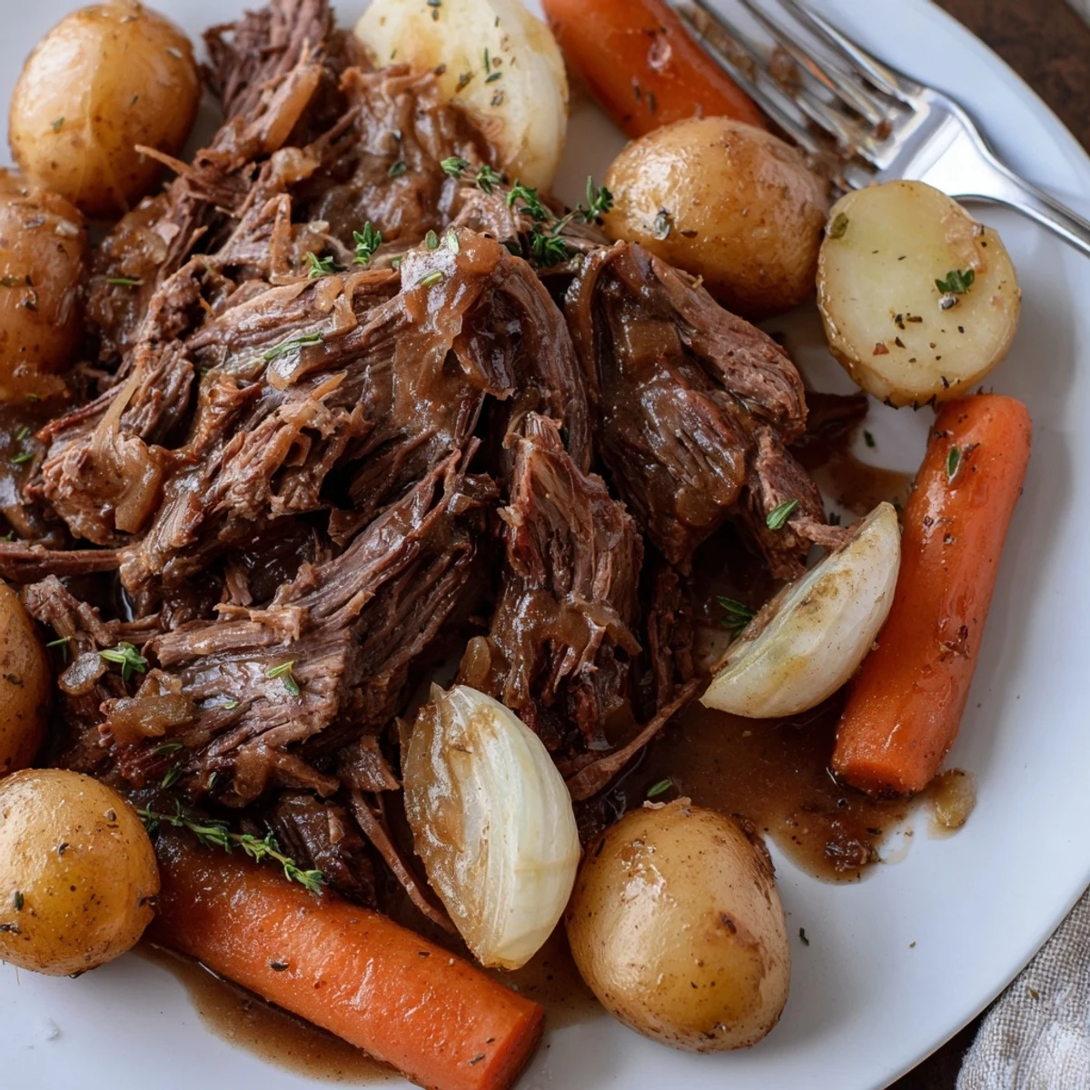 Savory Slow Cooker Pot Roast with Carrots served over creamy mashed potatoes, perfect for an easy family weeknight meal.