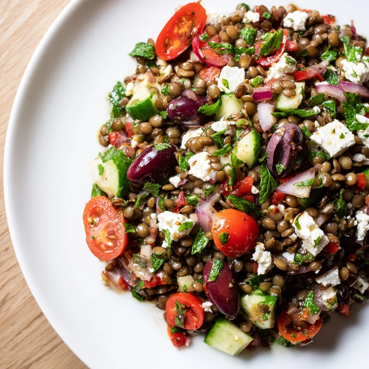 Freshly prepared Mediterranean Lentil Salad with tender lentils, cherry tomatoes, and diced cucumber in a white bowl. 
