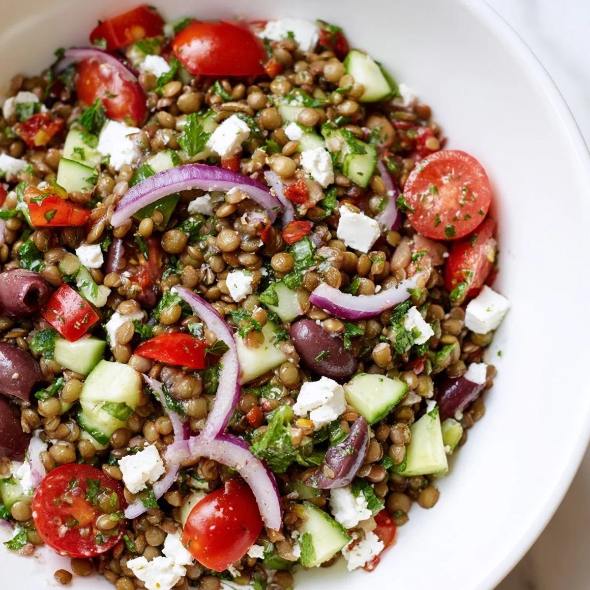 A protein-packed Mediterranean Lentil Salad tossed with Kalamata olives, roasted red peppers, and fresh parsley. 