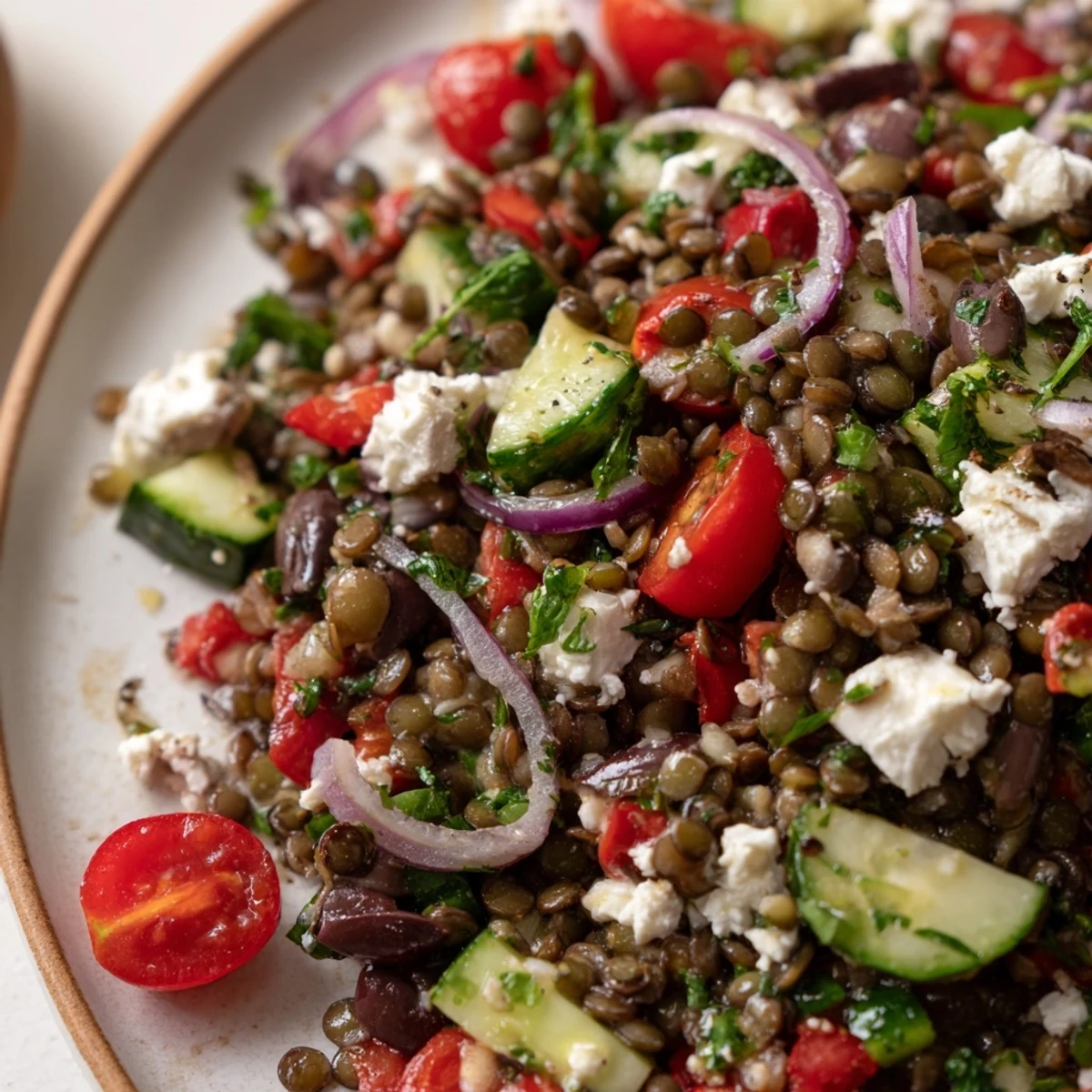Close-up of a vibrant Mediterranean Lentil Salad topped with crumbled feta, lemon wedges, and a drizzle of olive oil.
