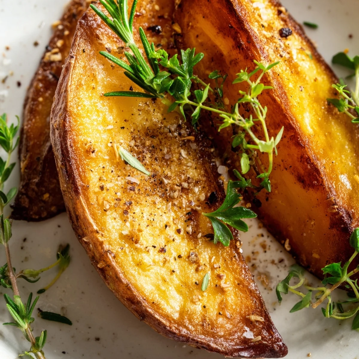 Golden-brown Crispy Potato Wedges with Herbs fresh from the oven, garnished with chopped parsley and rosemary.