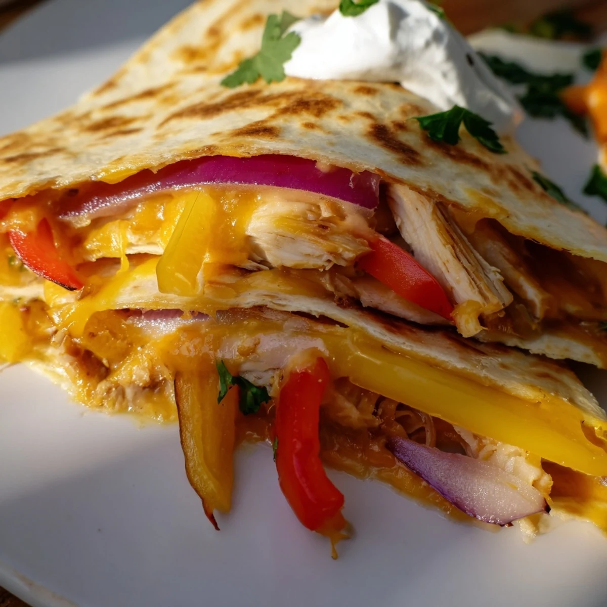 Close-up of Chicken Quesadillas with Peppers, displaying crispy tortilla edges and a side of salsa and sour cream.
