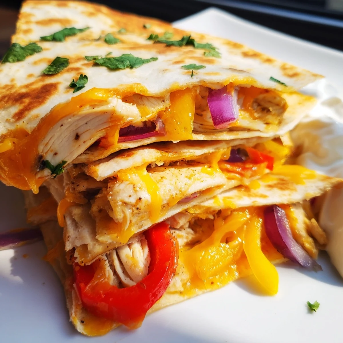 Golden-brown Chicken Quesadillas with Peppers rest on a wooden board, showcasing melted cheese and vibrant sautéed peppers.