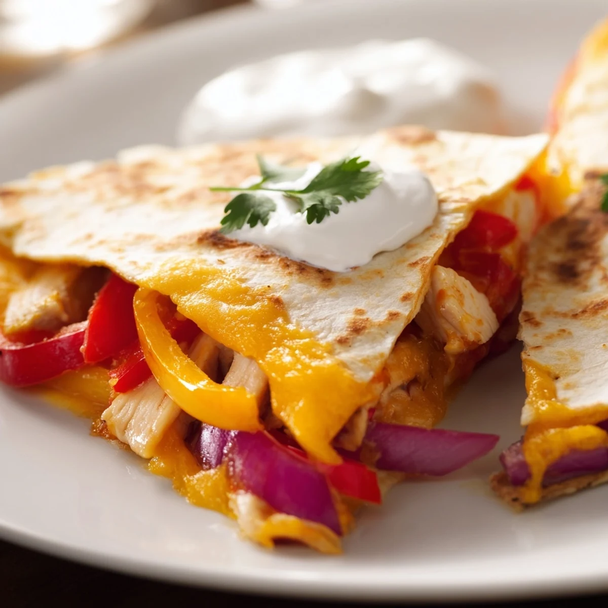 A platter of sliced Chicken Quesadillas with Peppers, garnished with fresh cilantro and lime wedges for a zesty finish.