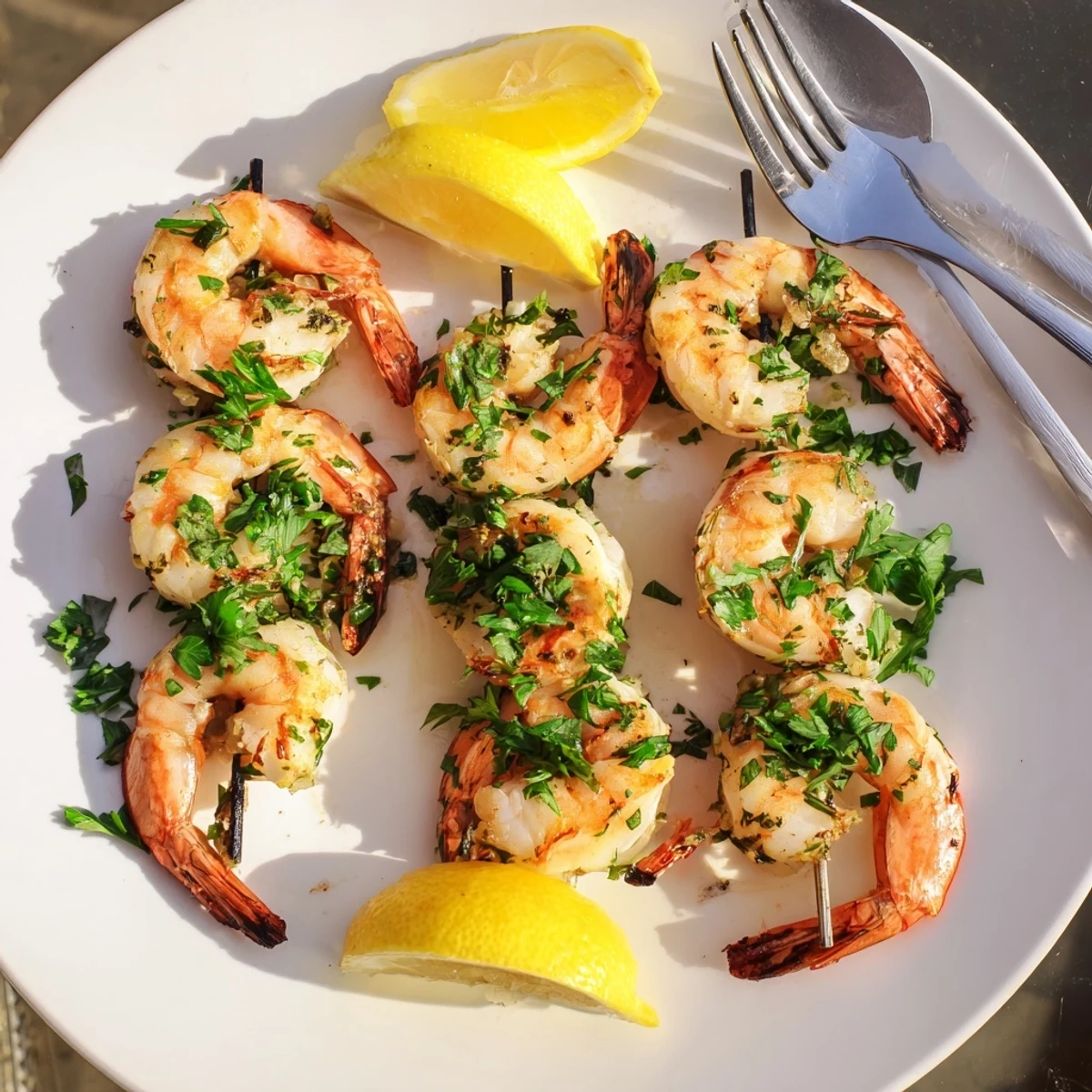 Plump lemon garlic shrimp skewers sizzling on a grill, with visible char marks and fresh parsley garnish.