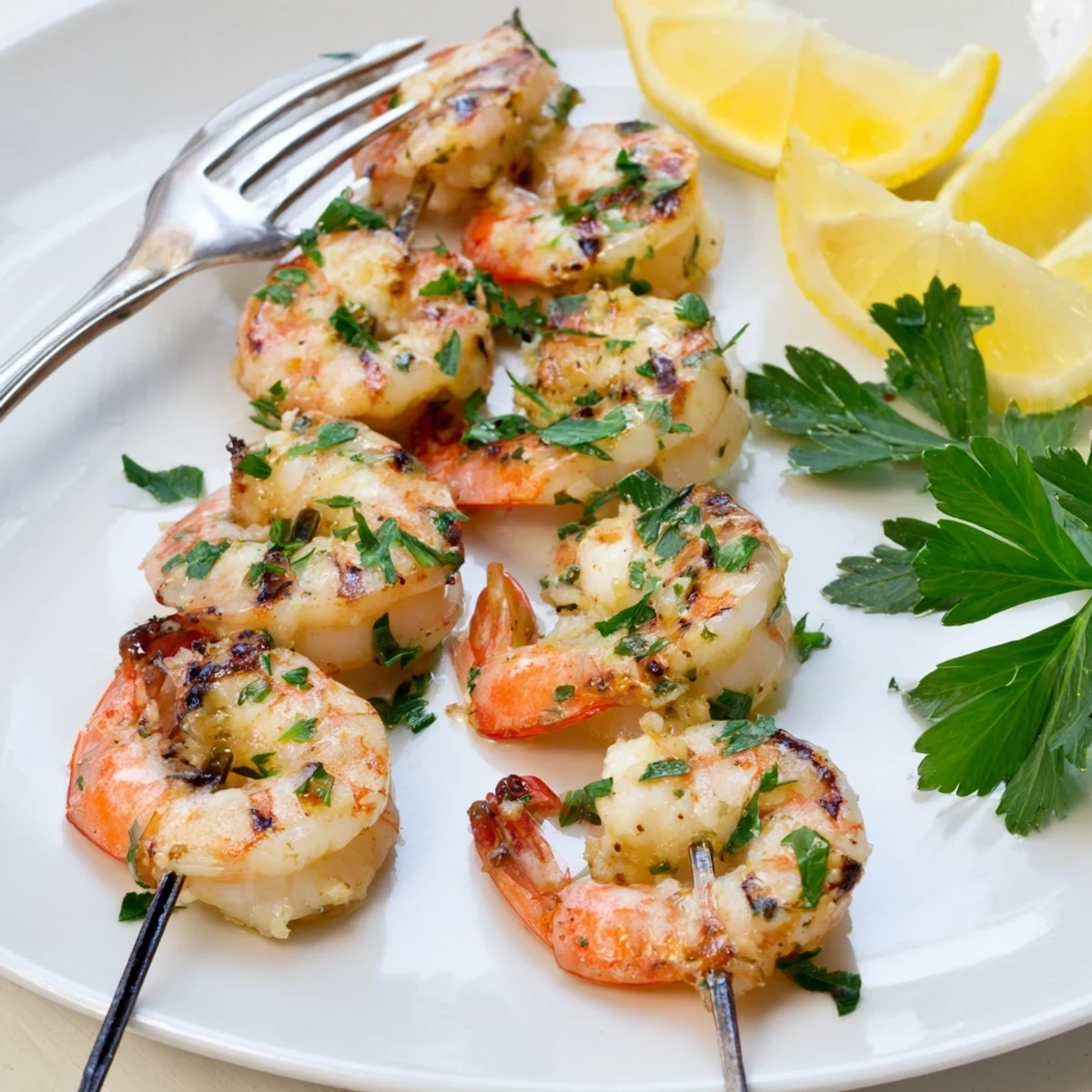 Close-up of vibrant lemon garlic shrimp skewers, tails on, with a zesty marinade glistening under sunlight.