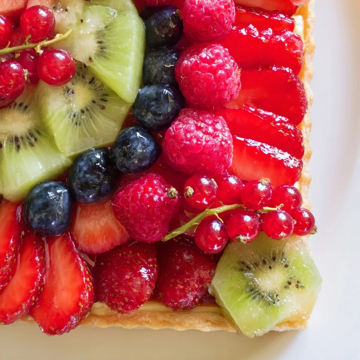 A golden-baked pastry crust holds silky vanilla cream, topped with fresh fruit arranged like a love letter.  